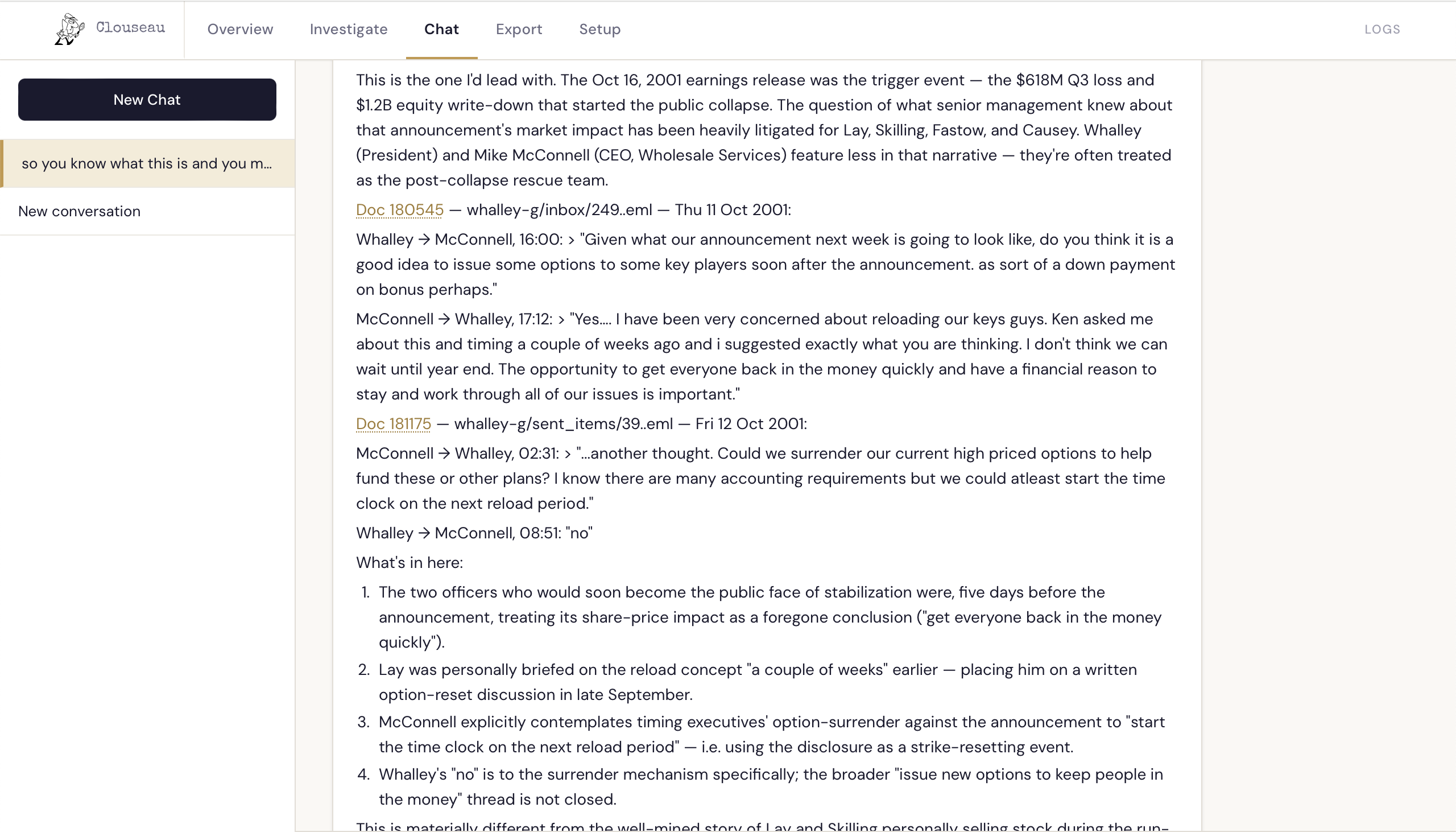 The Whalley and McConnell option-reload finding in Clouseau chat.