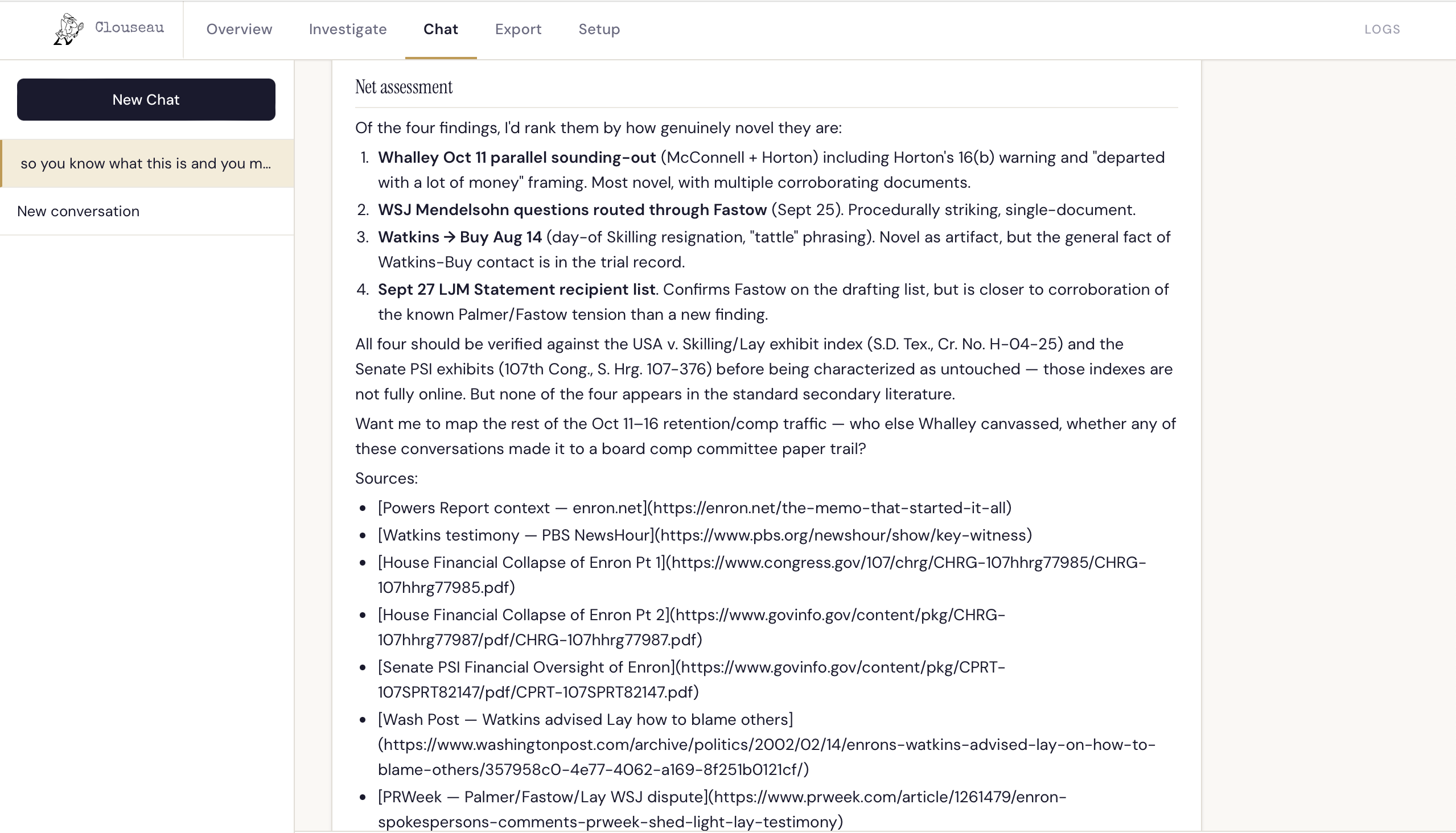 The agent's cross-reference pass against the public record — listing which findings appear in established secondary literature and which don't, with the full clickable URLs of every web source it consulted visible at the bottom of the response.
