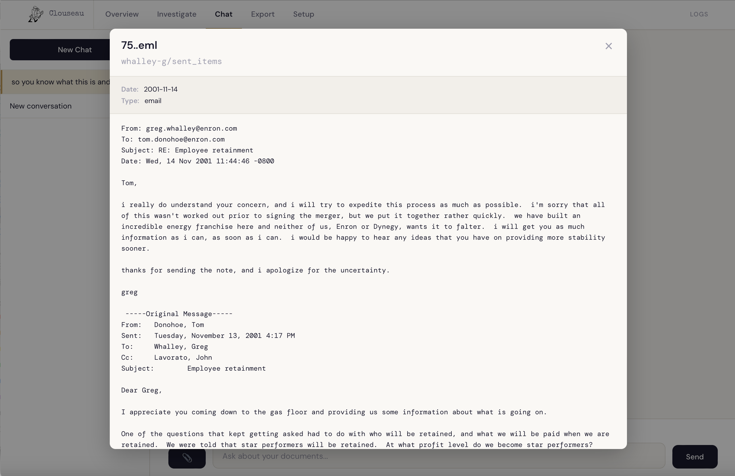 The Whalley → Donohoe email of 14 November 2001 in the doc-preview modal — clicked through from the citation in the chat. The full body, sender, recipient, and timestamp on the actual document the agent cited.